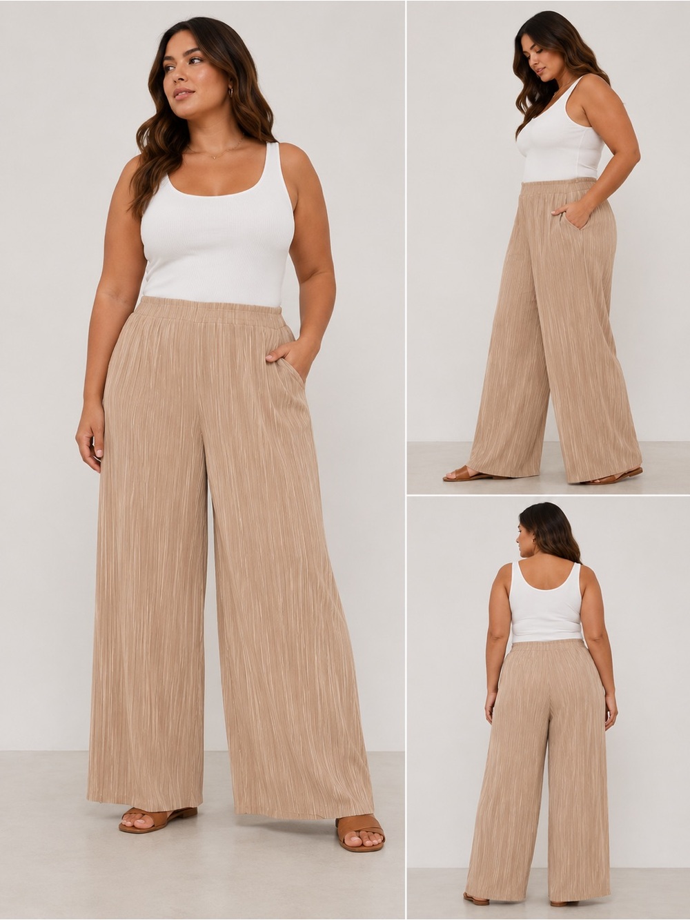 Anne Klein Beige Wide-Leg Pleated Pants
